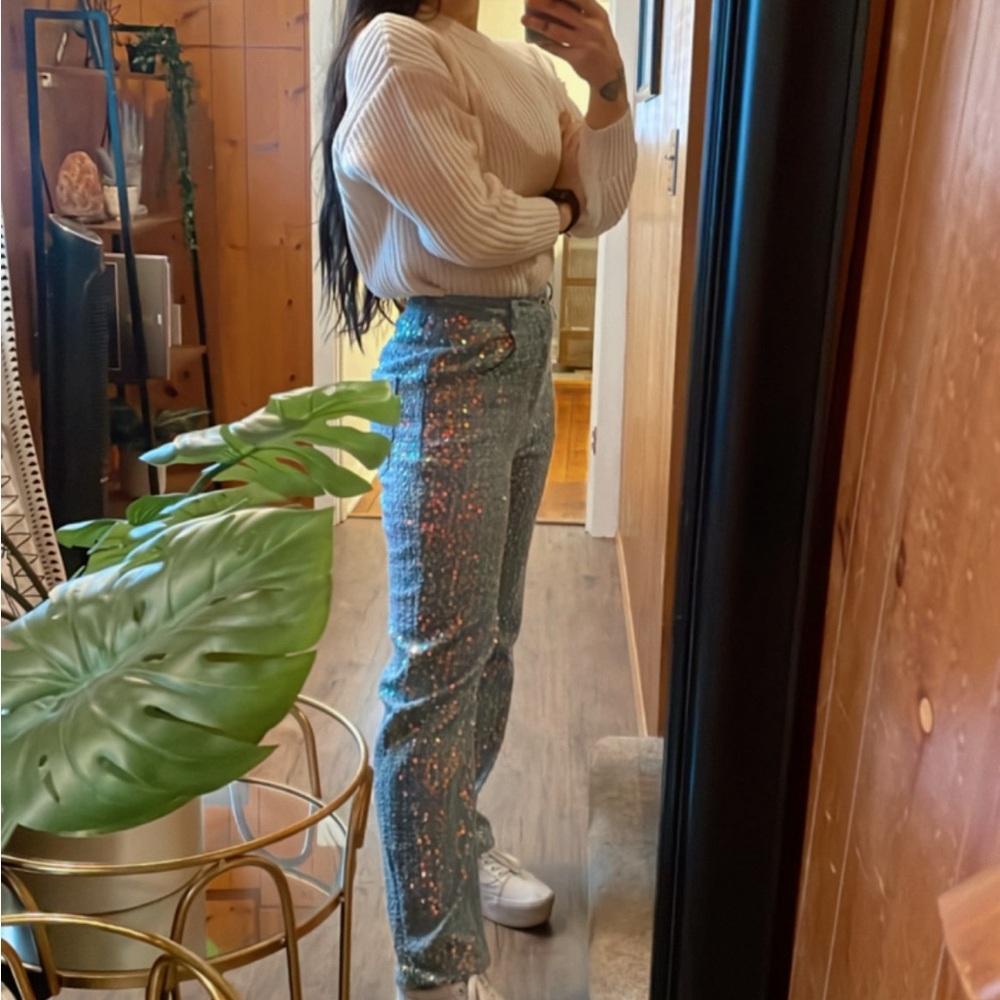 Dance&Marvel Sparkly Two Tone Metallic Sequins Jeans